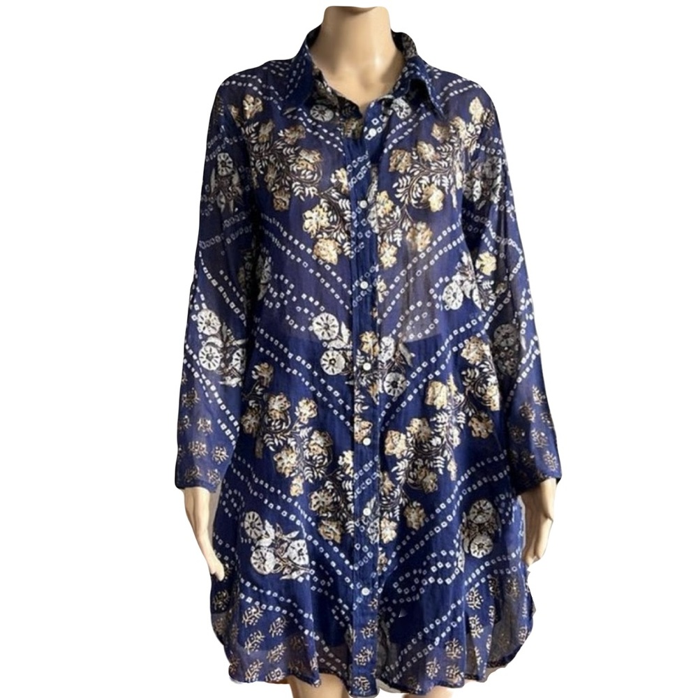 JULIET DUNN Navy Blue Floral Glitter Cotton Shirt Dress Tunic Size US 4/6